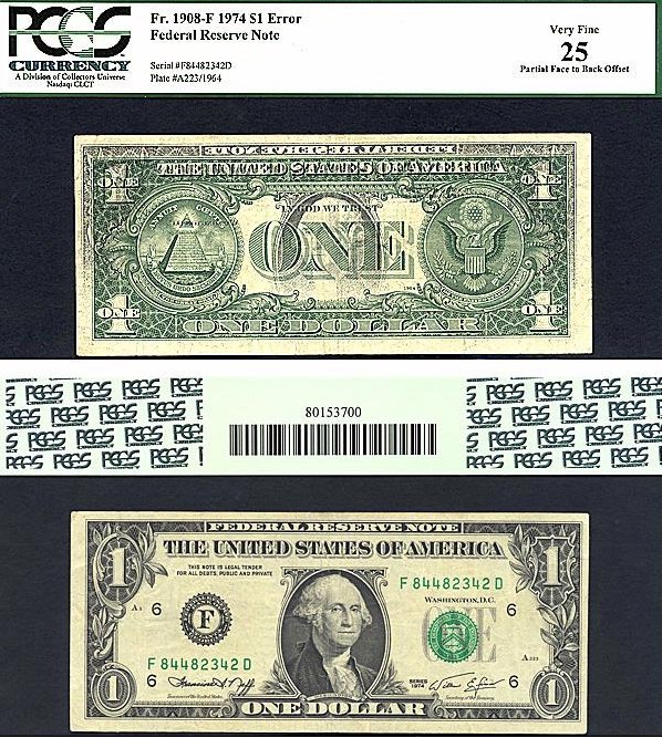image for: Fr.1908F 1974 $1  PCGS VF25  [F84482342D] *Error - Partial Face to Back Offset*