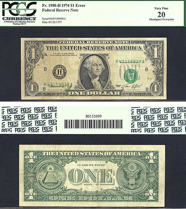 image for: Fr.1908H 1974 $1  PCGS VF20  [H47159939A] *Error -  Misaligned Overprint*