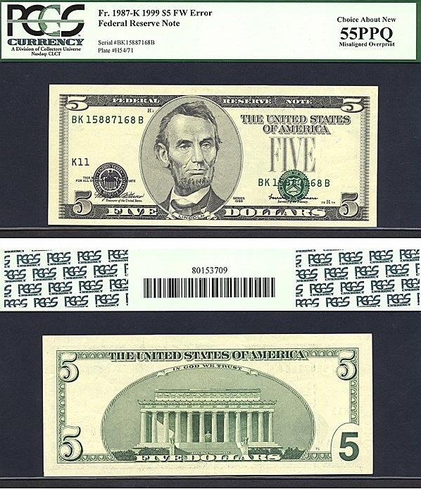 image for: Fr.1987K 1999 $5 Fort Worth, TX PCGS AU55 PPQ [BK15887168B] *Error - Misaligned Overprint*