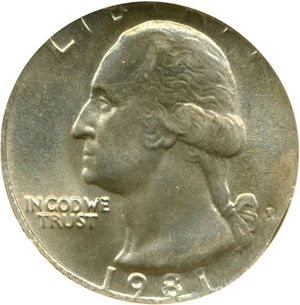 image for: 1981-P 25c NGC MS66 *Mint Error: Struck On 5c Blank* (5.0 GR)
