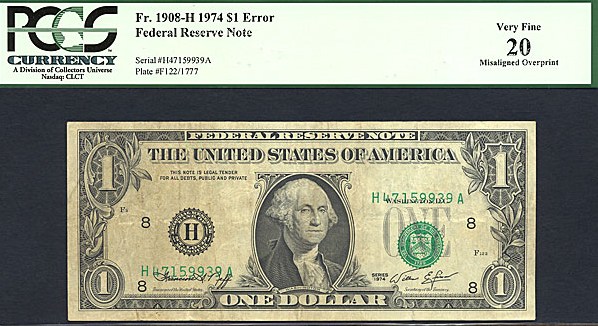 image for: Fr.1908H 1974 $1  PCGS VF20  [H47159939A] *Error -  Misaligned Overprint*
