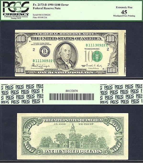 image for: Fr.2173B 1990 $100  PCGS XF45  [B11130922E] *Error - Misaligned Face Printing*