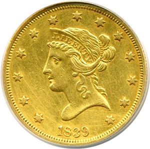 image for: 1839 $10 Large Letters, Type of 1838 ANACS AU55 Details (Cleaned)