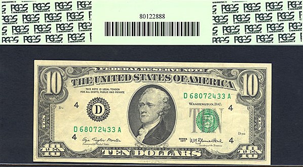 image for: Fr.2023D 1977 $10 Dark Green Seal PCGS VF35 PPQ [D68072433A] *Error - Full Face to Back Offset*