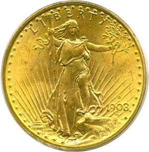image for: 1908-D $20 Motto PCGS MS65