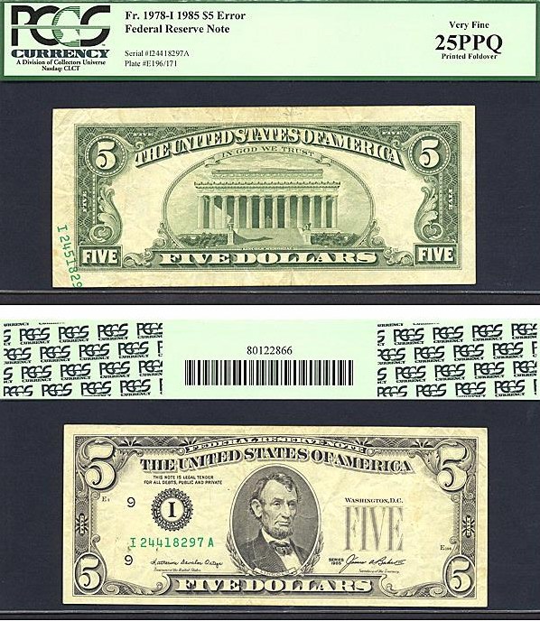 image for: Fr.1978I 1985 $5 B. Dark green seal PCGS VF25 PPQ [I24418297A] *Error - Printed Foldover*