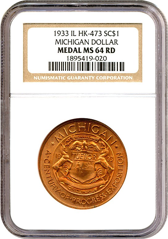 image for: 1933 IL SC$1 Michigan Dollar Medal (HK-473) NGC MS64 RD