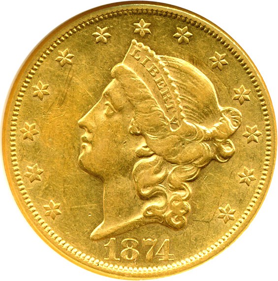 image for: 1874-CC $20  NGC AU50