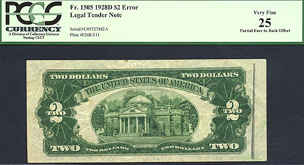 image for: Fr.1505 1928D $2  PCGS VF25  [C45727482A] *Error - Partial Face to Back Offset*