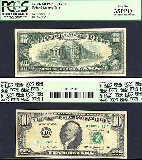 image for: Fr.2023D 1977 $10 Dark Green Seal PCGS VF35 PPQ [D68072433A] *Error - Full Face to Back Offset*