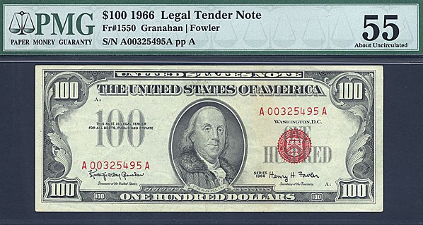 image for: Fr.1550 1966 $100 Red Seal PMG AU55  [A00325495A]