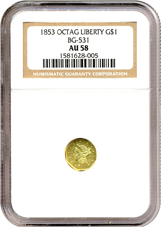 image for: Cal Gold: 1853 $1 NGC AU58 (BG-531) 