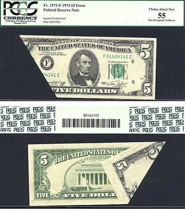 image for: Fr.1973F 1974 $5 Dark Green Seal PCGS AU55  [F51424141C] *Error - Pre-Overprint Foldover*