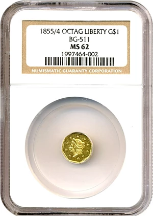image for: Cal Gold: 1855/4 $1 Octag BG-511 NGC MS62