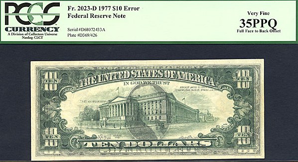 image for: Fr.2023D 1977 $10 Dark Green Seal PCGS VF35 PPQ [D68072433A] *Error - Full Face to Back Offset*