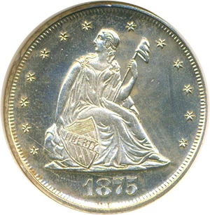 image for: 1875 20c DGS Proof 63 (Altered Surfaces, Rim Damage)