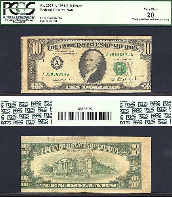 image for: Fr.2025A 1981 $10  PCGS VF20  [A39868374A] *Error - Misaligned Face and Back Printing*