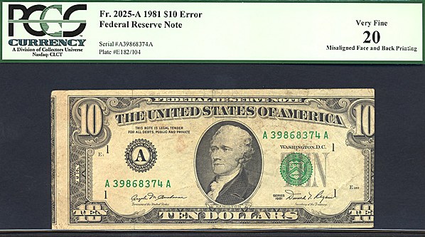image for: Fr.2025A 1981 $10  PCGS VF20  [A39868374A] *Error - Misaligned Face and Back Printing*