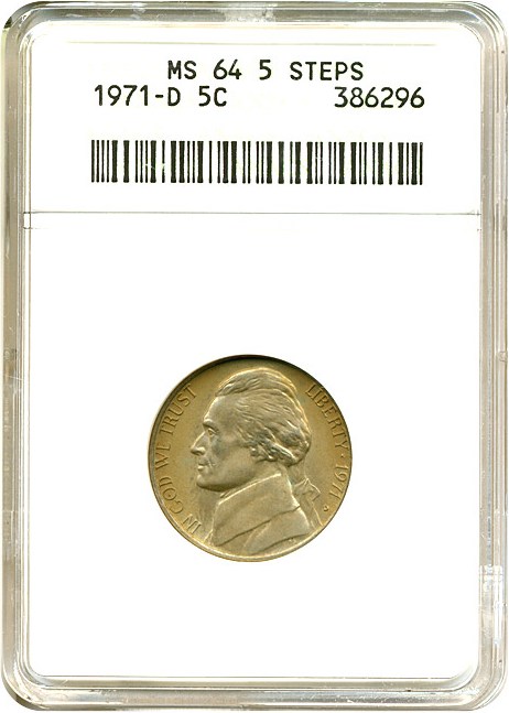 image for: 1971-D 5c  ANACS MS64 Five Full Steps