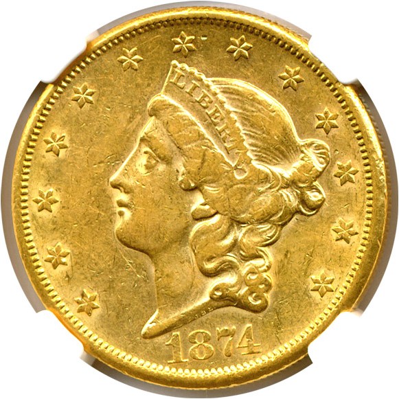 image for: 1874-CC $20  NGC AU53