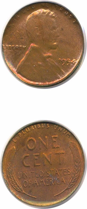 image for: 1954 1c PCGS MS63 RB *Mint Error - Struck Thru Late Die Cap*