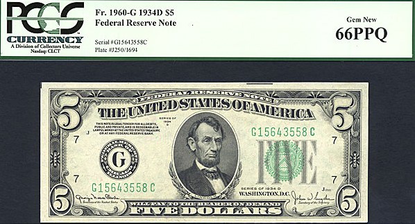 image for: Fr.1960G 1934D $5 Dark Green Seal PCGS Gem CU66  [G15643558C]