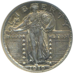 image for: 1919 25c DGS AU53 (Cleaned and Retoned)