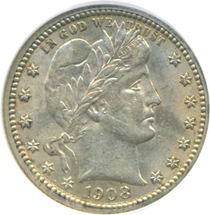 image for: 1908 25c DGS AU58 (Lightly Cleaned, Scratched)