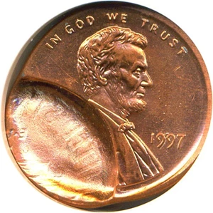 image for: 1997 1c NGC MS62 RD *Mint Error - Struck With Obverse Brockage*