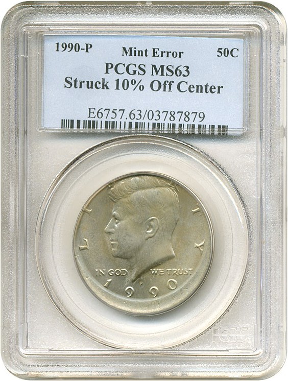 image for: 1990-P 50c  PCGS MS63 *Mint Error - Struck 10% Of Center*