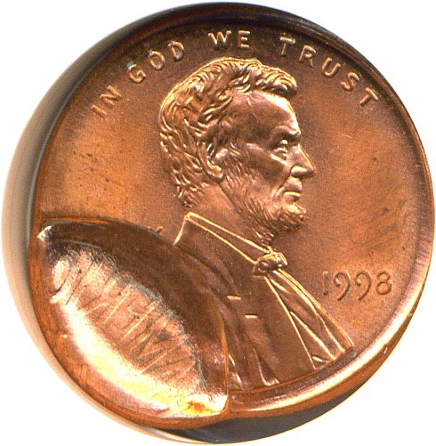 image for: 1998 1c  NGC MS65 RD *Mint Error - Broadstruck With Obverse Brockage*