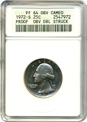 image for: 1972-S 25c Obverse Double Struck ANACS Proof 64 Obv.Cameo
