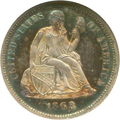 image for: 1863 10c  NGC Proof 65 *Mint Error - Triple Struck With Obverse Rotation*