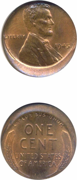 image for: 1945 1c NGC MS65 RB *Mint Error - Struck 15% Off Center*