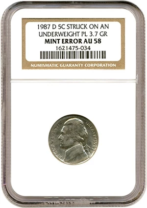 image for: 1987-D 5c NGC AU58 *Mint Error - Struck On Underweight Planchet*