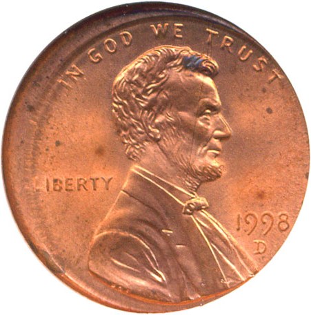 image for: 1998-D 1c  NGC MS65 RD *Mint Error - Struck 5% Off Center*