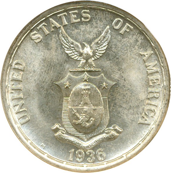 image for: U.S. Philippines: 1936 Peso Roosevelt & Queson NGC MS64