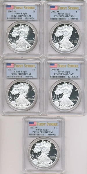image for: 2007-W $1 Silver Eagle - First Strike PCGS Proof 69 DCameo (Collector Lot of 5 Coins)