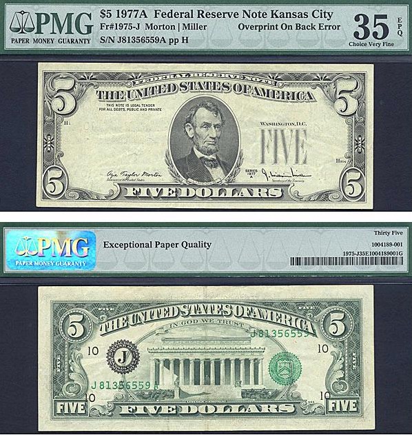 image for: Fr.1975J* 1977A $5 Dark Green Seal PMG VF35 EPQ  Kansas [J81356559A] *Error - Overprint On Back