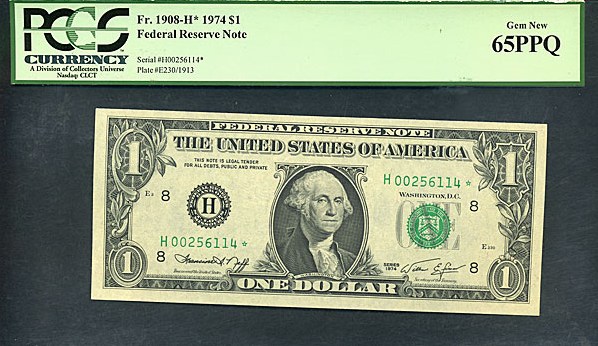 image for: Fr.1908H 1974 $1  PCGS Gem CU65 PPQ  [H00256114] *Star* 