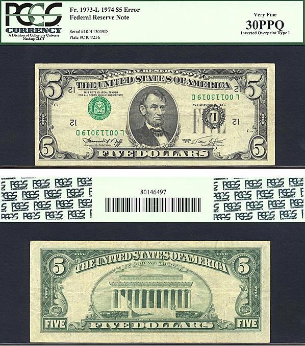 image for: Fr.1973L* 1974 $5 Dark Green Seal PCGS VF30 PPQ  [L00113019D] *Error -Inverted Overprint Type I