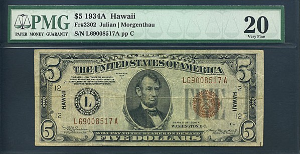 image for: Fr.2302 1934A $5 Hawaiian PMG VF20  [L69008517A]