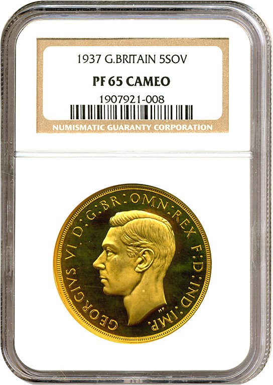 image for: Great Britain: 1937 5 Sov  NGC Proof 65 Cameo (KM-861)
