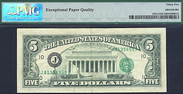 image for: Fr.1975J* 1977A $5 Dark Green Seal PMG VF35 EPQ  Kansas [J81356559A] *Error - Overprint On Back