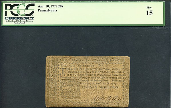 image for: Pennsylvania: Fr.PA222b 1777 20s 10-Apr PCGS F15 Pennsylvania [80034114]