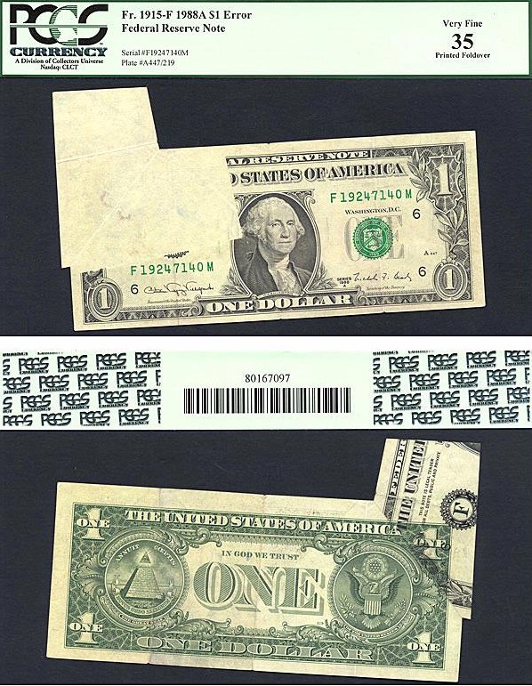 image for: Fr.1915F 1988A $1 Sheetfed press. Washington, DC PCGS VF35  [F19247140M] *Error -Printed Foldover*