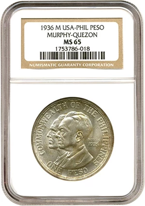 image for: U.S. Philippines: 1936 Peso Murphy & Queson NGC MS65