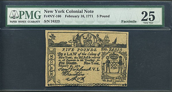 image for: New York: Fr.NY166 1771 £5 16-Feb PMG VF25 New York [24323] *Facsimile*