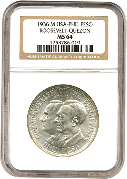 image for: U.S. Philippines: 1936 Peso Roosevelt & Queson NGC MS64