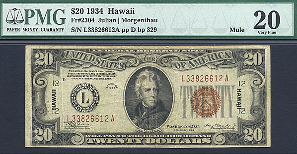 image for: Fr.2304 1934 $20 Hawaiian PMG VF20 Mule  [L33826612A]